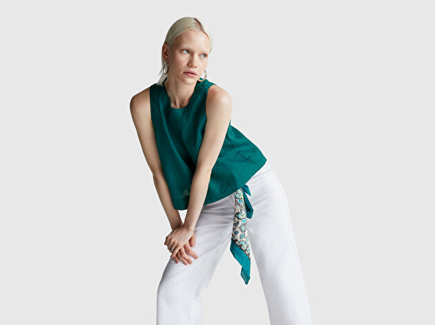 Benetton Kadın Koyu Yeşil %100 Keten Kolsuz Bluz