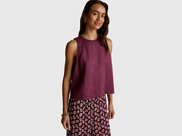 Benetton Kadın Mürdüm %100 Keten Kolsuz Bluz