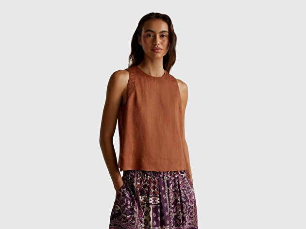 Benetton Kadın Kahverengi %100 Keten Kolsuz Bluz