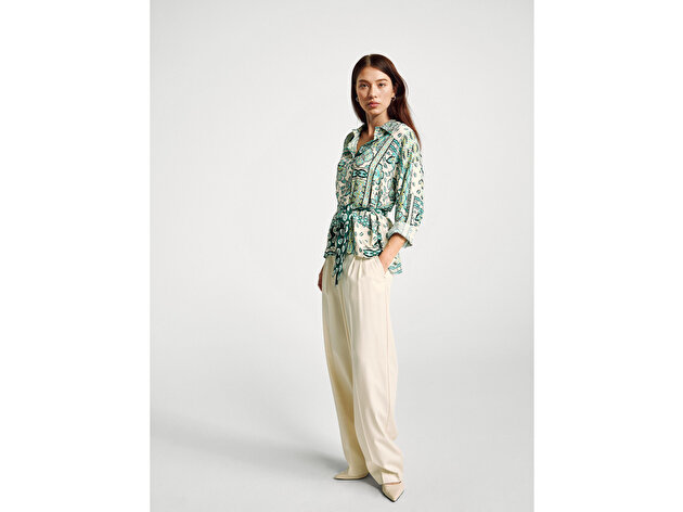 Benetton Kadın Açık Yeşil %100 Viskoz Kuşaklı Desenli Gömlek