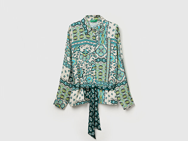 Benetton Kadın Açık Yeşil %100 Viskoz Kuşaklı Desenli Gömlek