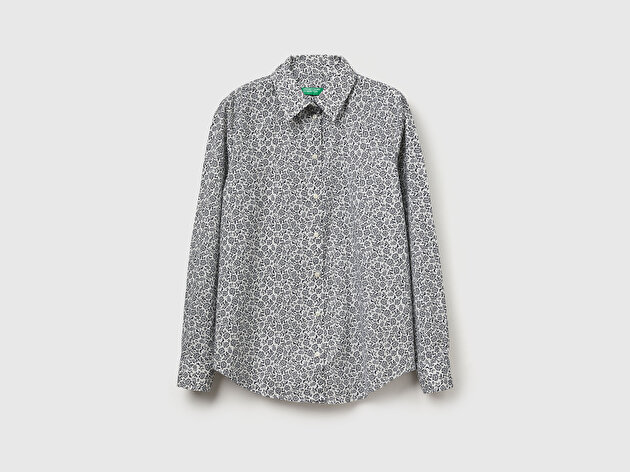 Benetton Kadın Gri Desenli %100 Pamuk Desenli  Regular Fit Gömlek