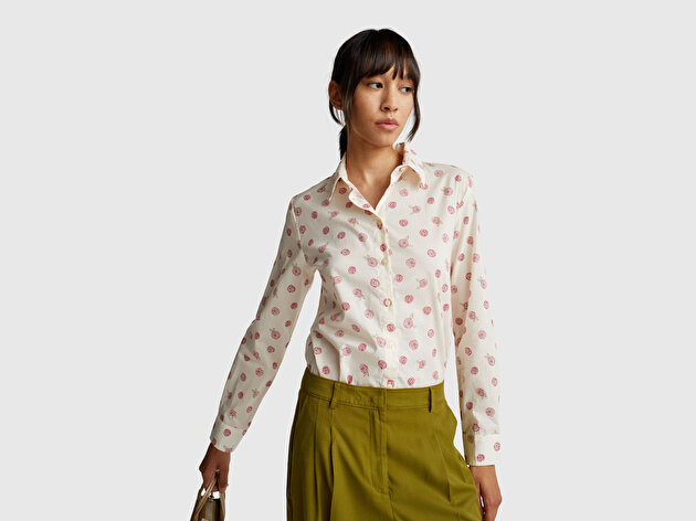 Benetton Kadın Ekru %100 Pamuk Desenli  Regular Fit Gömlek