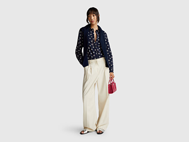 Benetton Kadın Lacivert  %100 Pamuk Desenli  Regular Fit Gömlek