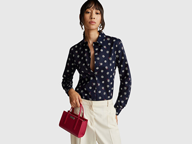 Benetton Kadın Lacivert  %100 Pamuk Desenli  Regular Fit Gömlek