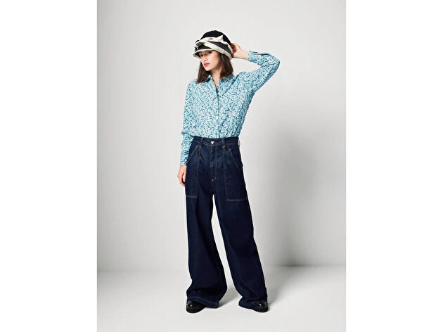 Benetton Kadın Mavi Mix %100 Pamuk Desenli  Regular Fit Gömlek