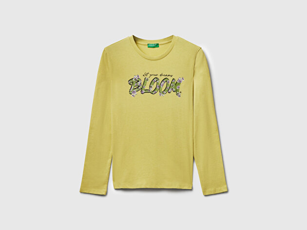Benetton Kız Çocuk Hardal Önü Simli Baskılı Ribana Yakalı Uzun Kollu T-shirt