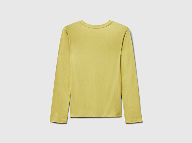 Benetton Kız Çocuk Hardal Önü Simli Baskılı Ribana Yakalı Uzun Kollu T-shirt