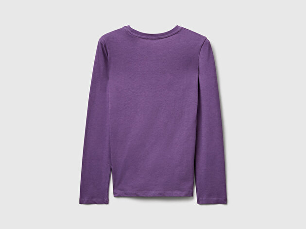 Benetton Kız Çocuk Mor Önü Simli Baskılı Ribana Yakalı Uzun Kollu T-shirt