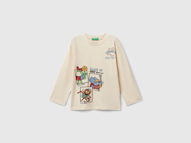 Benetton Erkek Bebek Krem Baskılı Bisiklet Yaka Uzun Kollu T-shirt