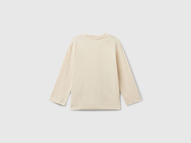 Benetton Erkek Bebek Krem Baskılı Bisiklet Yaka Uzun Kollu T-shirt