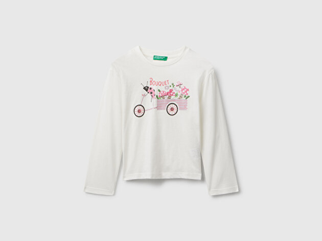 Benetton Kız Bebek Ekru Önü Parıltılı Baskılı Bisiklet Yaka Uzun Kollu T-shirt