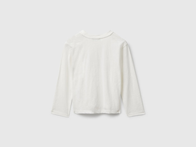 Benetton Kız Bebek Ekru Önü Parıltılı Baskılı Bisiklet Yaka Uzun Kollu T-shirt