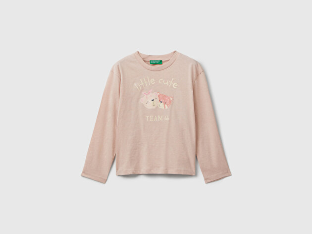 Benetton Kız Bebek Toz Pembe Önü Parıltılı Baskılı Bisiklet Yaka Uzun Kollu T-shirt