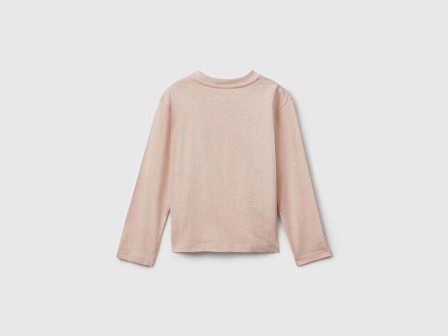 Benetton Kız Bebek Toz Pembe Önü Parıltılı Baskılı Bisiklet Yaka Uzun Kollu T-shirt