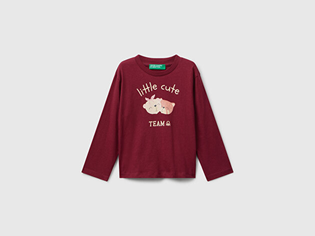 Benetton Kız Bebek Bordo Önü Parıltılı Baskılı Bisiklet Yaka Uzun Kollu T-shirt
