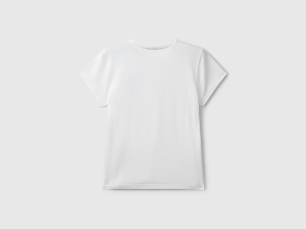 Benetton Kız Çocuk Ekru Parıltılı Logo Baskılı Ribana Yaka Regular Fit T-shirt