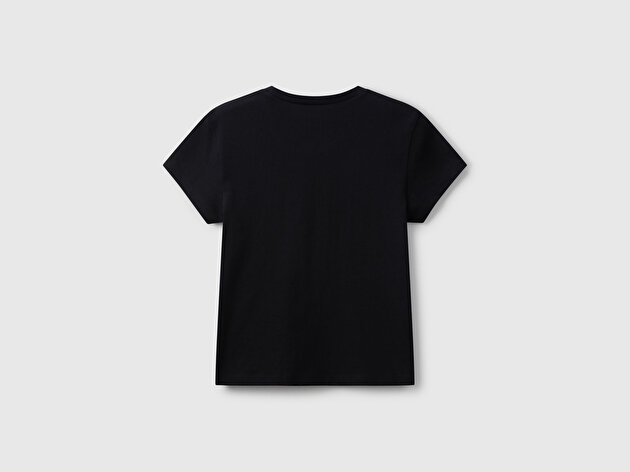 Benetton Kız Çocuk Siyah Parıltılı Logo Baskılı Ribana Yaka Regular Fit T-shirt