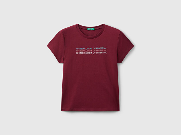 Benetton Kız Çocuk Bordo Parıltılı Logo Baskılı Ribana Yaka Regular Fit T-shirt