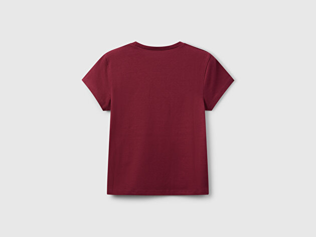 Benetton Kız Çocuk Bordo Parıltılı Logo Baskılı Ribana Yaka Regular Fit T-shirt