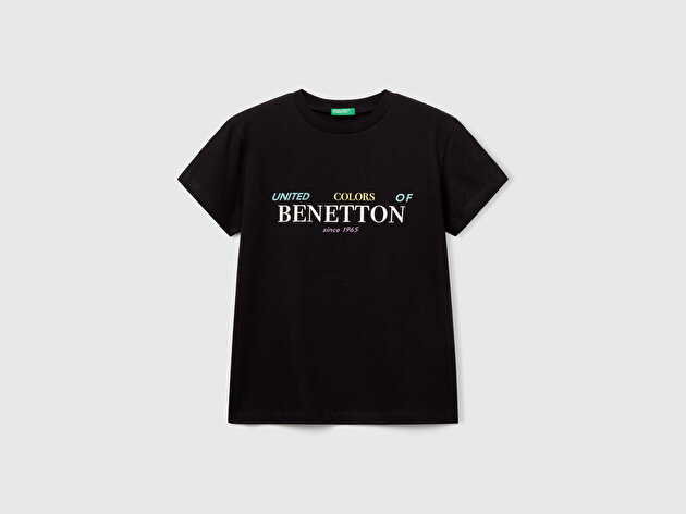 Benetton Erkek Çocuk Siyah Önü Logo Baskılı Bisiklet Yaka T-shirt