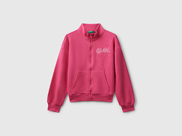 Benetton Kız Çocuk Pembe Önü Logo Nakışlı Cepli Fermuarlı Dik Yaka Sweatshirt