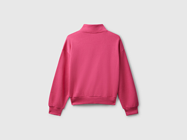 Benetton Kız Çocuk Pembe Önü Logo Nakışlı Cepli Fermuarlı Dik Yaka Sweatshirt
