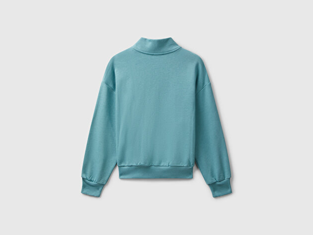 Benetton Kız Çocuk Su Yeşili Önü Logo Nakışlı Cepli Fermuarlı Dik Yaka Sweatshirt