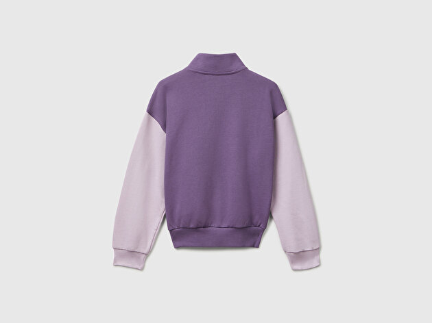 Benetton Kız Çocuk Mor Mix Önü Logo Nakışlı Cepli Fermuarlı Dik Yaka Sweatshirt