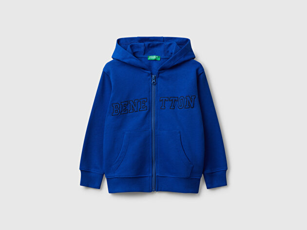 Benetton Erkek Bebek Saks Mavisi Önü Logo Baskılı Fermuarlı Kapüşonlu Sweatshirt