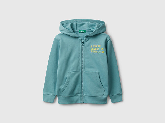 Benetton Erkek Bebek Gri-Yeşil Önü Logo Baskılı Fermuarlı Kapüşonlu Sweatshirt