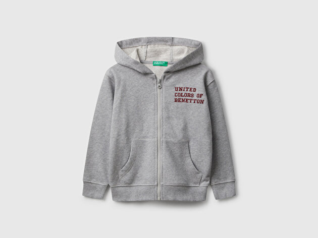 Benetton Erkek Bebek Gri Melanj Önü Logo Baskılı Fermuarlı Kapüşonlu Sweatshirt