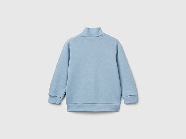 Benetton Erkek Bebek Mavi Logo Detaylı Önü Fermuarlı Ribana Detaylı Sweatshirt