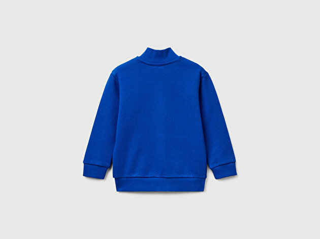 Benetton Erkek Bebek Saks Mavisi Logo Detaylı Önü Fermuarlı Ribana Detaylı Sweatshirt