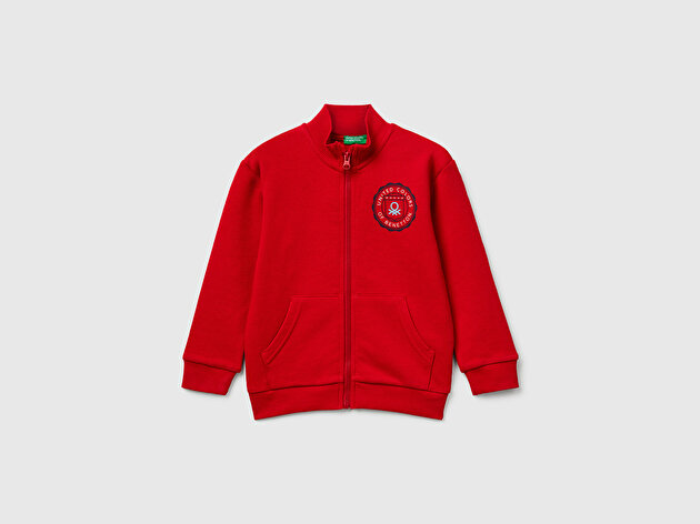 Benetton Erkek Bebek Kırmızı Logo Detaylı Önü Fermuarlı Ribana Detaylı Sweatshirt