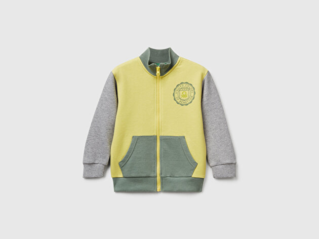 Benetton Erkek Bebek Sarı-Gri Logo Detaylı Önü Fermuarlı Ribana Detaylı Sweatshirt