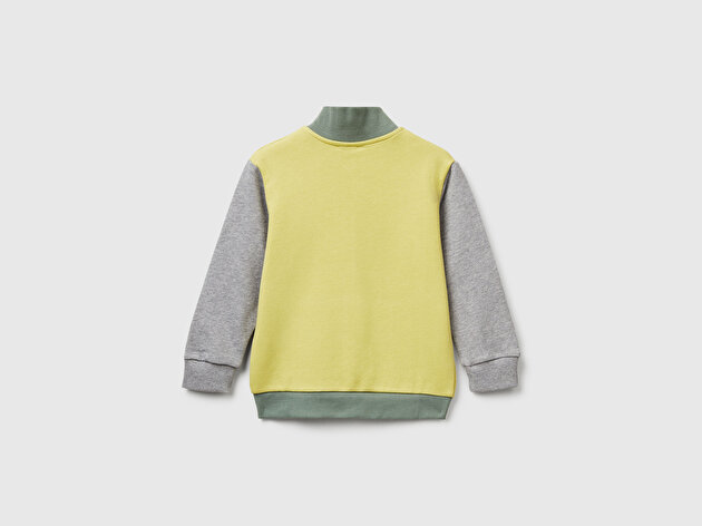 Benetton Erkek Bebek Sarı-Gri Logo Detaylı Önü Fermuarlı Ribana Detaylı Sweatshirt