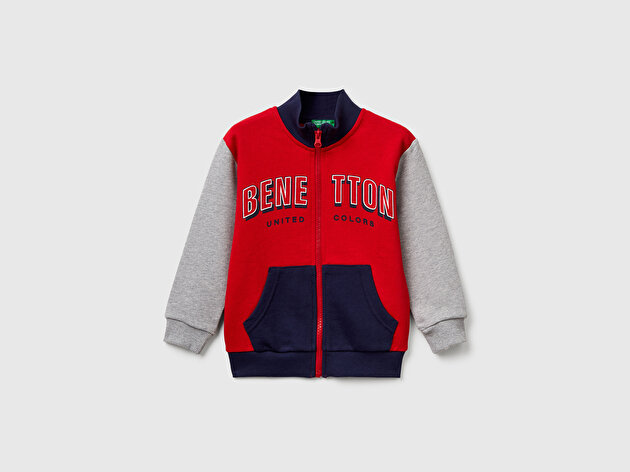 Benetton Erkek Bebek Kırmızı-Gri Logo Detaylı Önü Fermuarlı Ribana Detaylı Sweatshirt