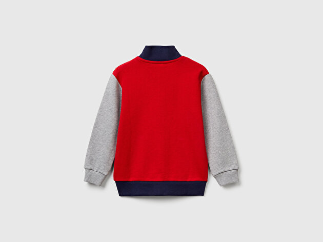 Benetton Erkek Bebek Kırmızı-Gri Logo Detaylı Önü Fermuarlı Ribana Detaylı Sweatshirt