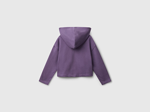Benetton Kız Çocuk Mor Kolu Etiket Detaylı Cepli Fermuarlı Kapüşonlu Sweatshirt