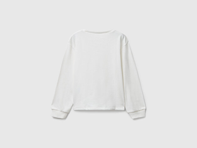 Benetton Kız Bebek Ekru Önü Grafik Baskılı Ribanalı Oversize Sweatshirt