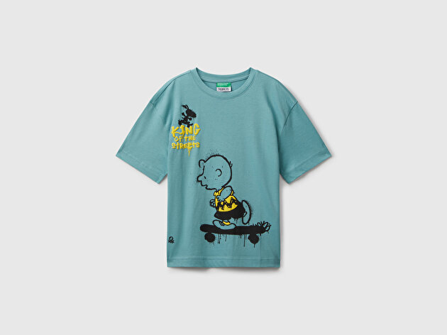 Benetton Erkek Çocuk Gri-Yeşil Çok Renkli Peanuts Baskılı Kolu Logo Etiketli Comfort Fit T-shirt