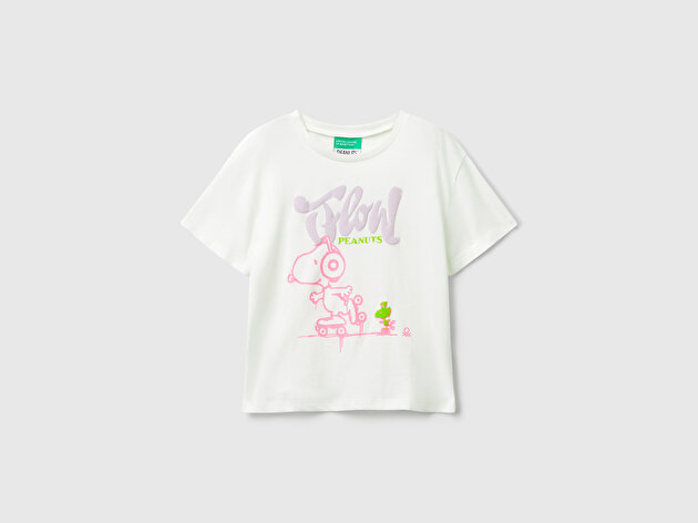 Benetton Kız Bebek Ekru Önü Baskılı Logo Detaylı Ribana Yakalı Jarse T-shirt