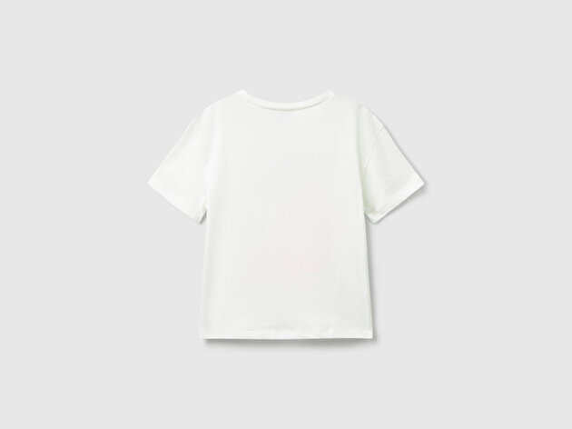 Benetton Kız Bebek Ekru Önü Baskılı Logo Detaylı Ribana Yakalı Jarse T-shirt