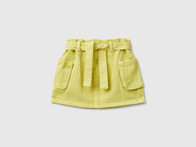 Benetton Kız Bebek Hardal Logo Detaylı Cepli Beli Bağlamalı Denim Kargo Etek