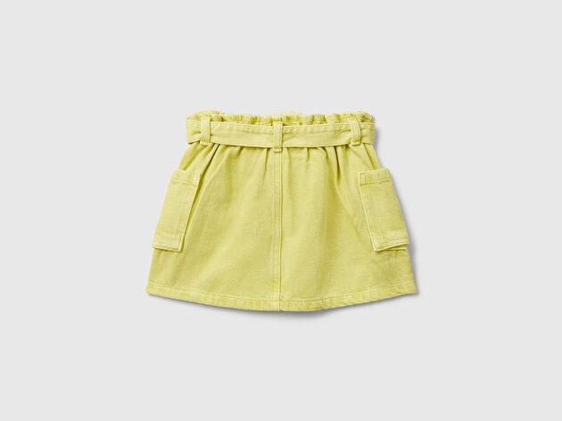 Benetton Kız Bebek Hardal Logo Detaylı Cepli Beli Bağlamalı Denim Kargo Etek