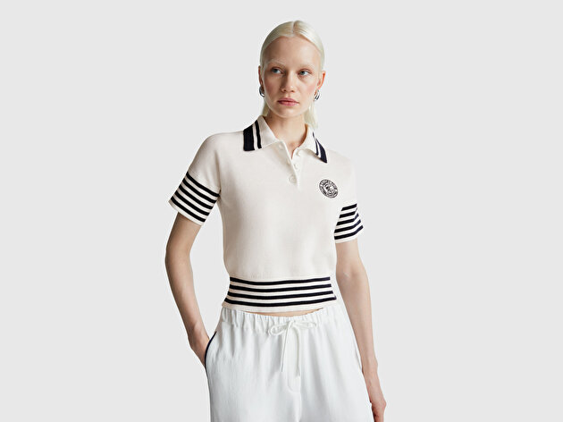 Benetton Kadın Krem %100 Pamuk Polo Yaka Kısa Kollu Kazak