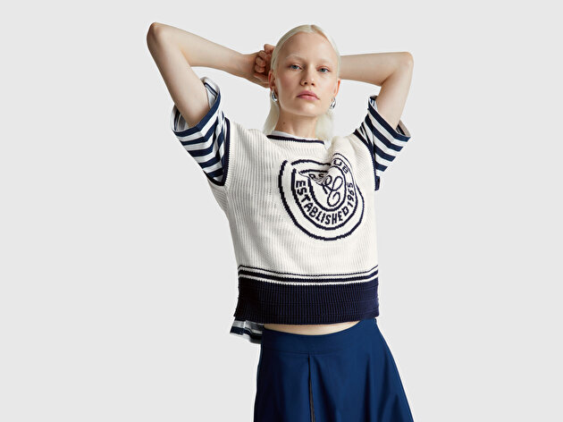 Benetton Kadın Krem %100 Pamuk Önü Detaylı Kısa Kollu Kazak