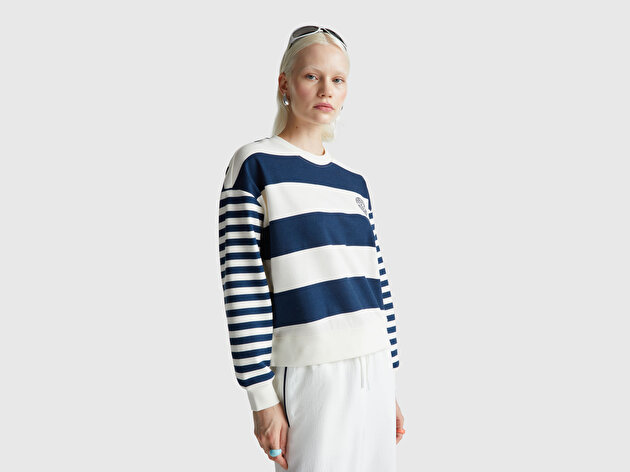 Benetton Kadın Lacivert Çizgili Pamuk Karışımlı Göğsü Logo Baskılı Renk Bloklu Sweatshirt