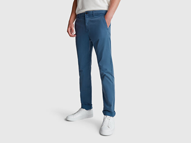 Benetton Erkek Havacı Mavi Slim Fit Chino Pantolon